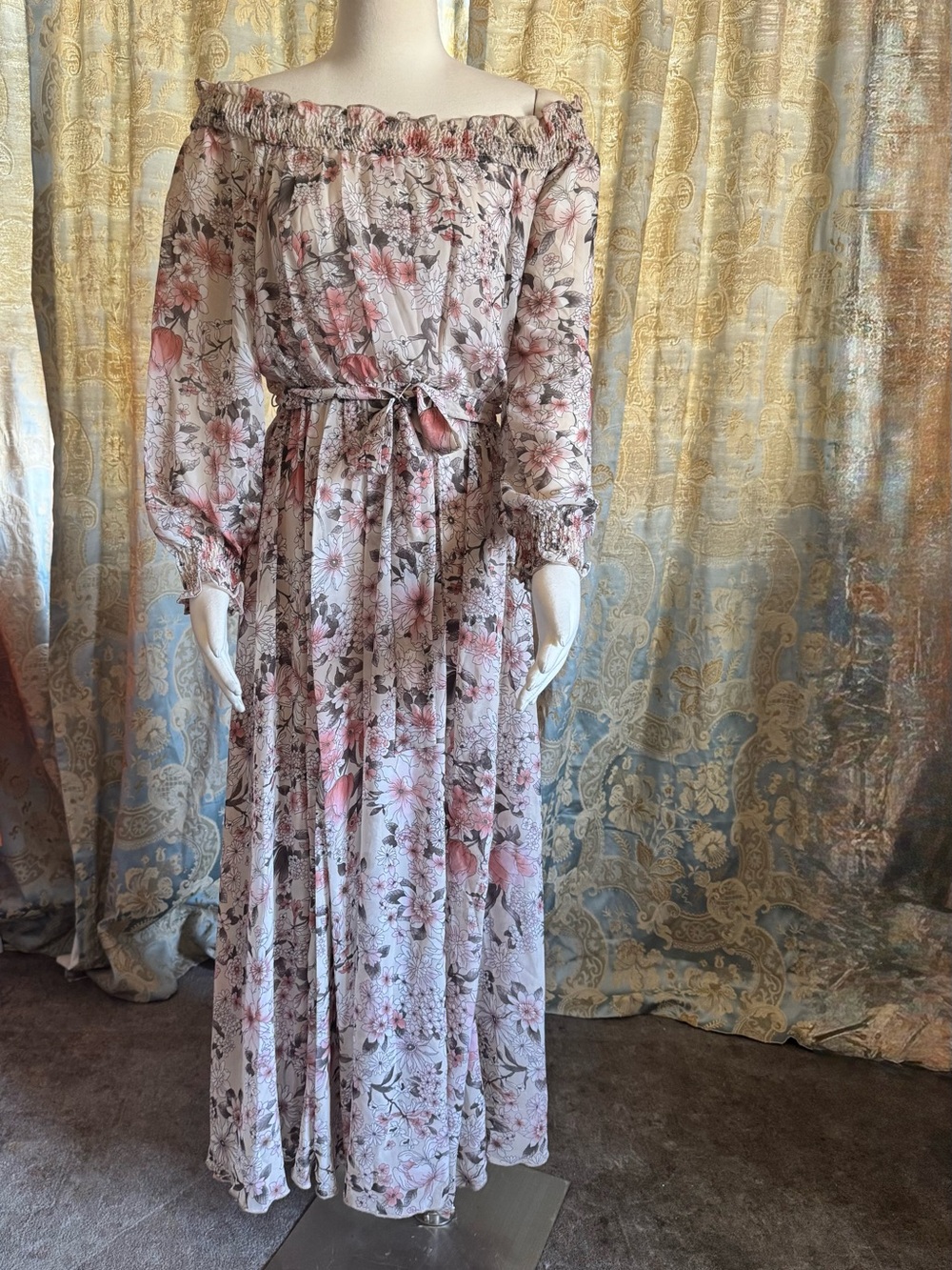Off-Shoulder Pink Floral Maxi Dress with Waist Tie
